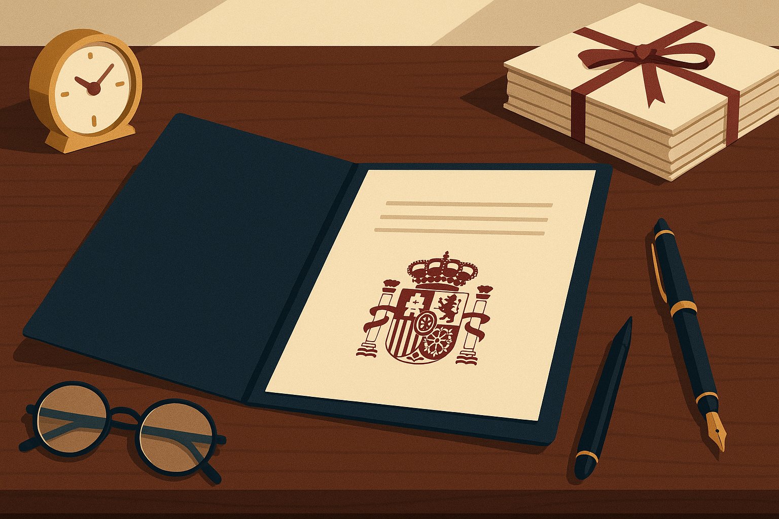 Carpeta institucional con escudo de Espana sobre escritorio, pluma, gafas y reloj de mesa
