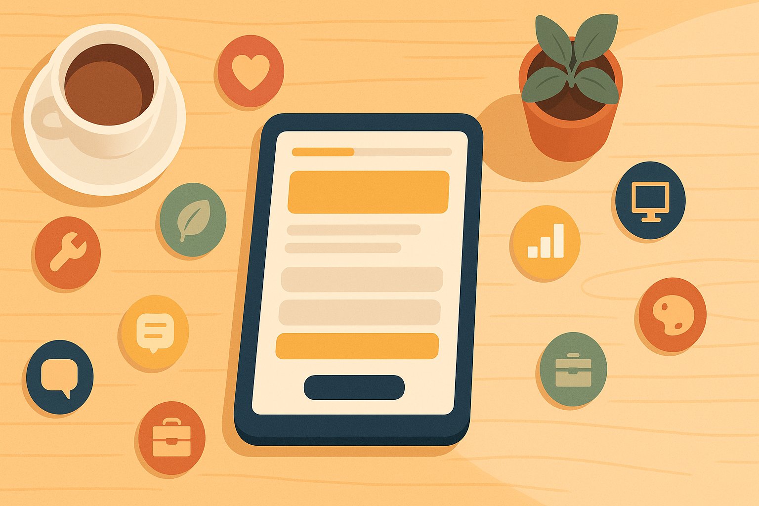 Tablet con interfaz de quiz visible y ocho iconos circulares alrededor representando familias profesionales (corazón, llave, hoja, mensaje, maletín, monitor, gráfico, paleta)