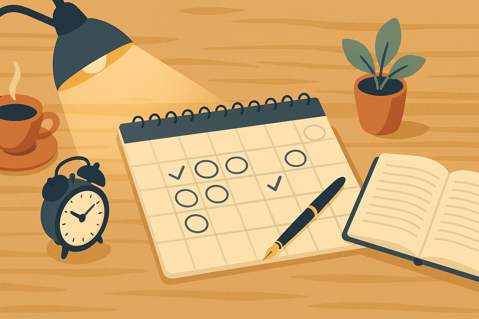 Calendario con círculos en fechas clave, reloj despertador, pluma y libreta sobre escritorio