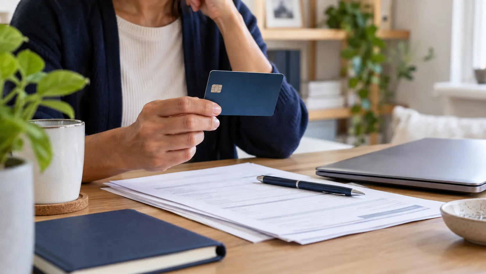 Persona con una tarjeta bancaria sin marca y documentación para cambiar la cuenta de una prestación