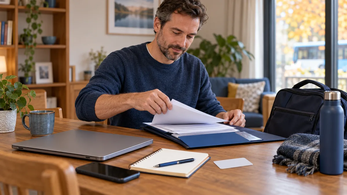 Hombre organizando documentos de formación y desplazamiento en casa