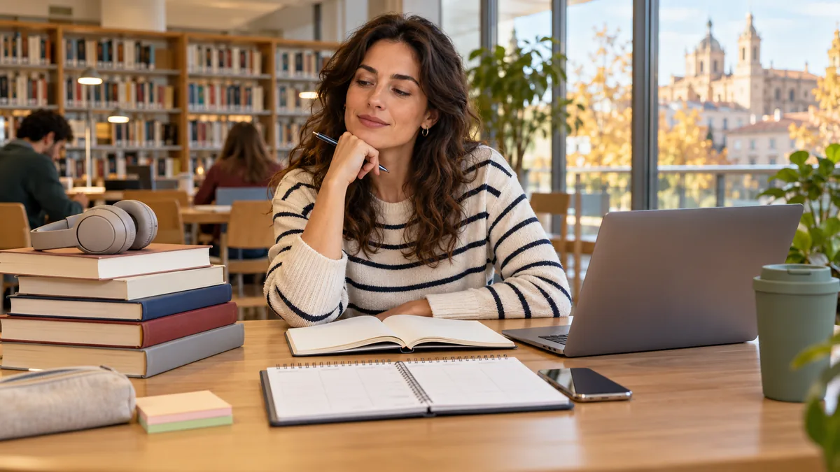 Mujer comparando opciones de formación con un portátil en una biblioteca